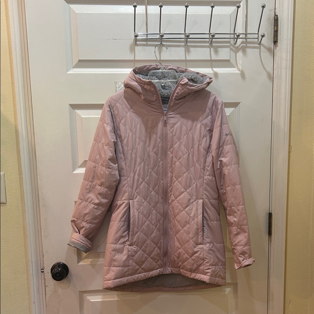 Columbia Quilted Hooded Jacket in Light Pink with Gray Lining
